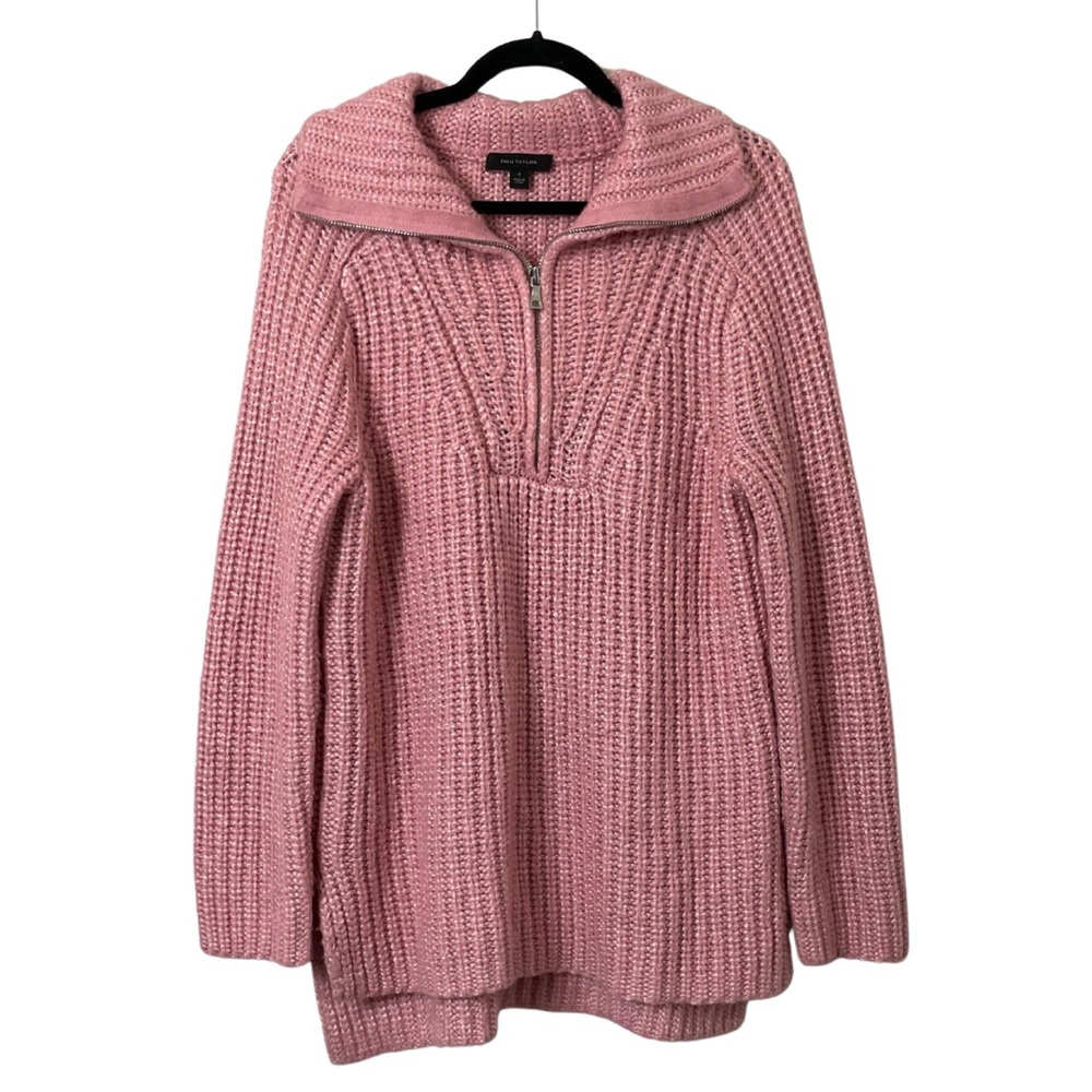 Ann Taylor Oversized Zip Collar Sweater Size Medium Blush Pink Chunky Knit